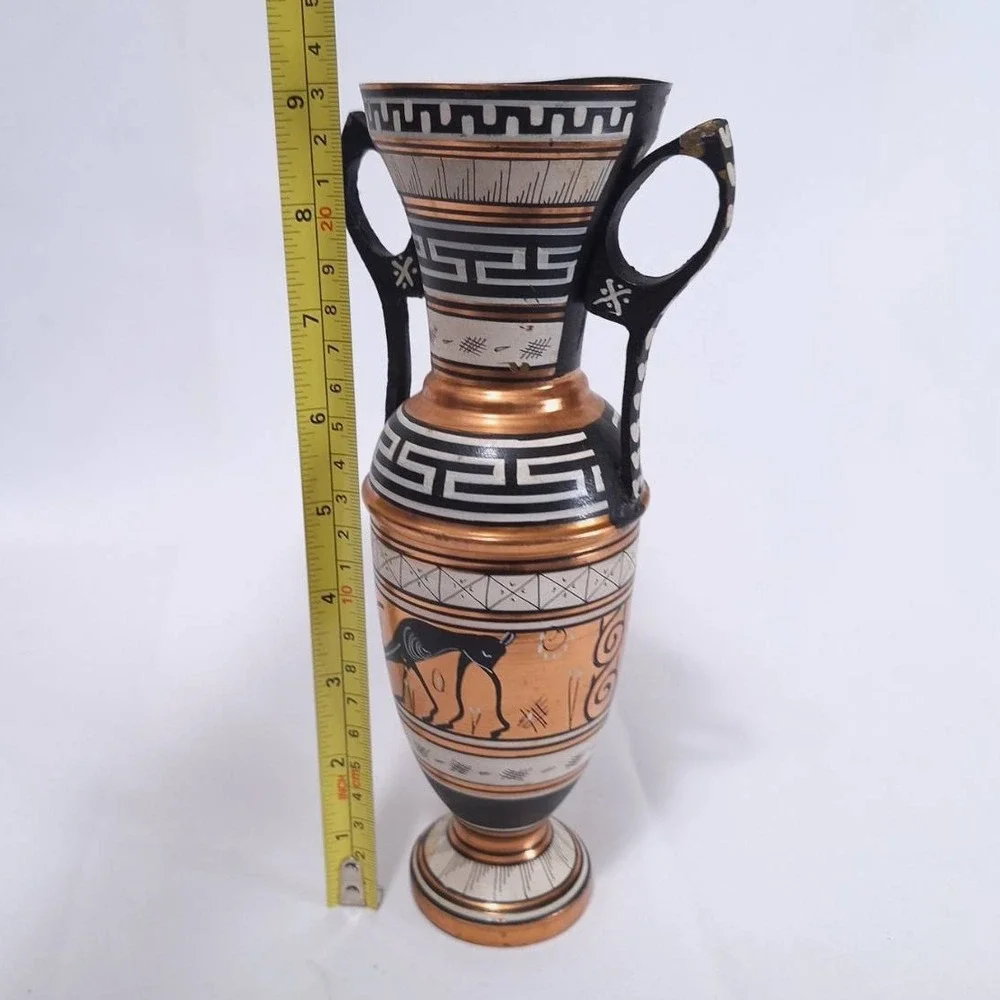 Vintage Greek Copper Vase Urn Amphora Double Handle Hand Painted‎ Deer, 9